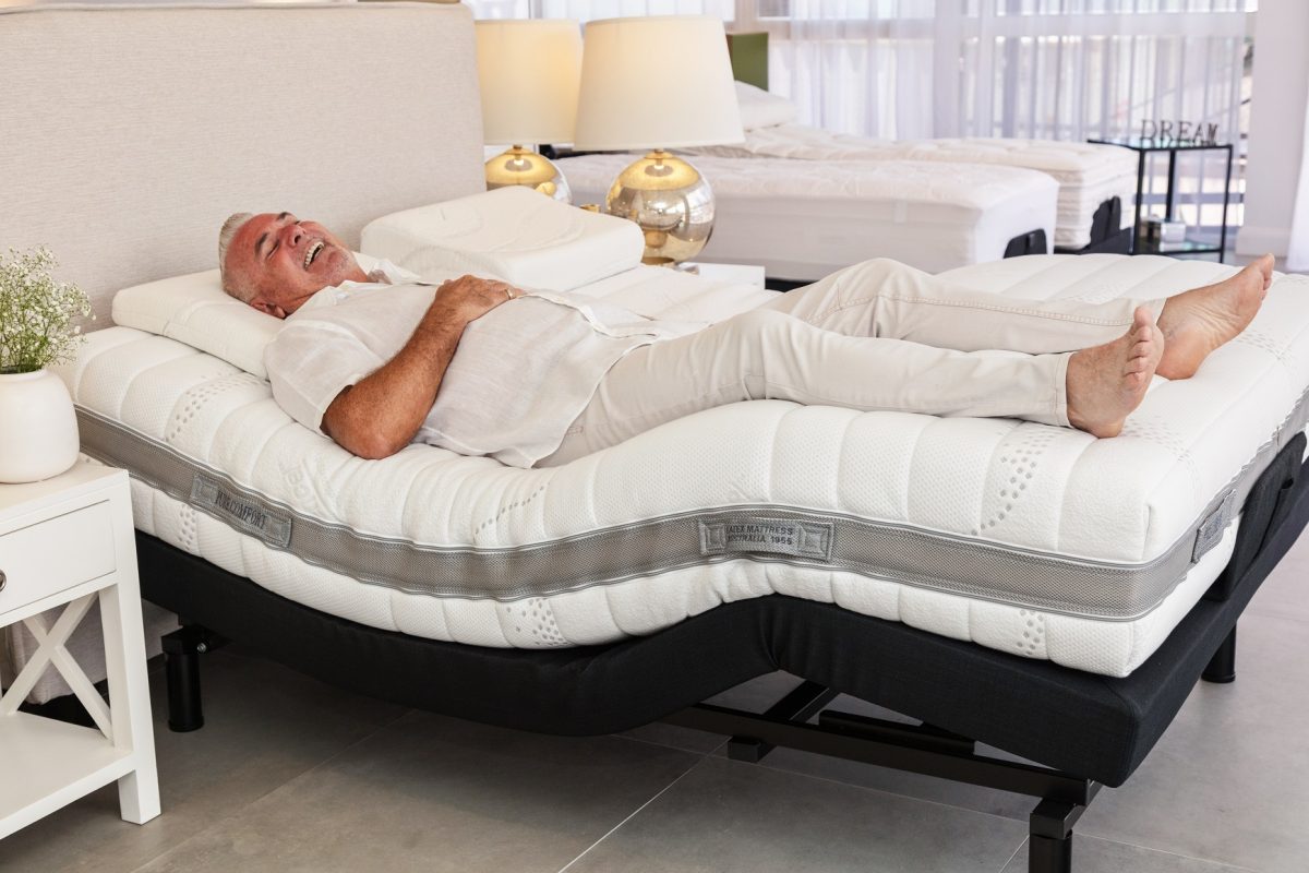 Latex Mattress Australia Pure Comfort mattress on Adjustable Base in Zero Gravity sleep mode 1200x800 1